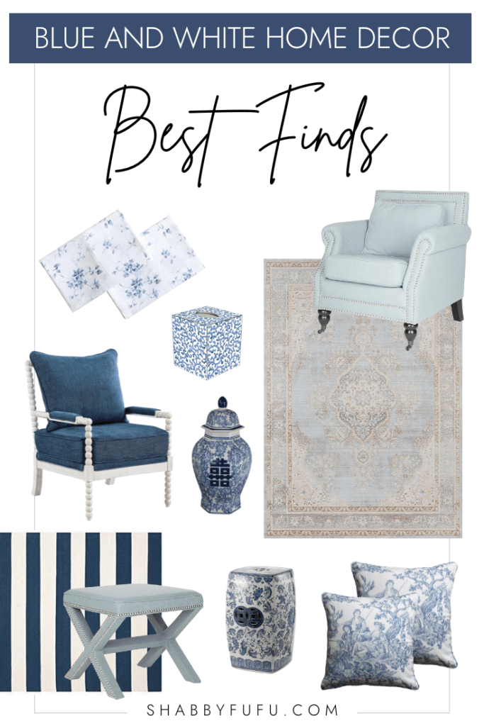 product collage of blue and white decor items