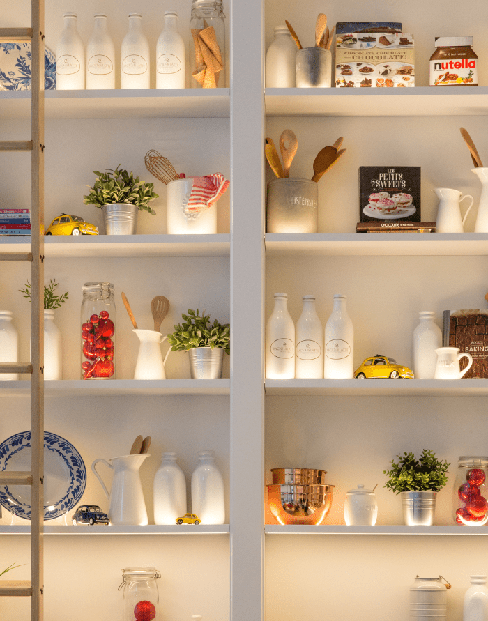 kitchen shelves with interal lighting in neutral colors