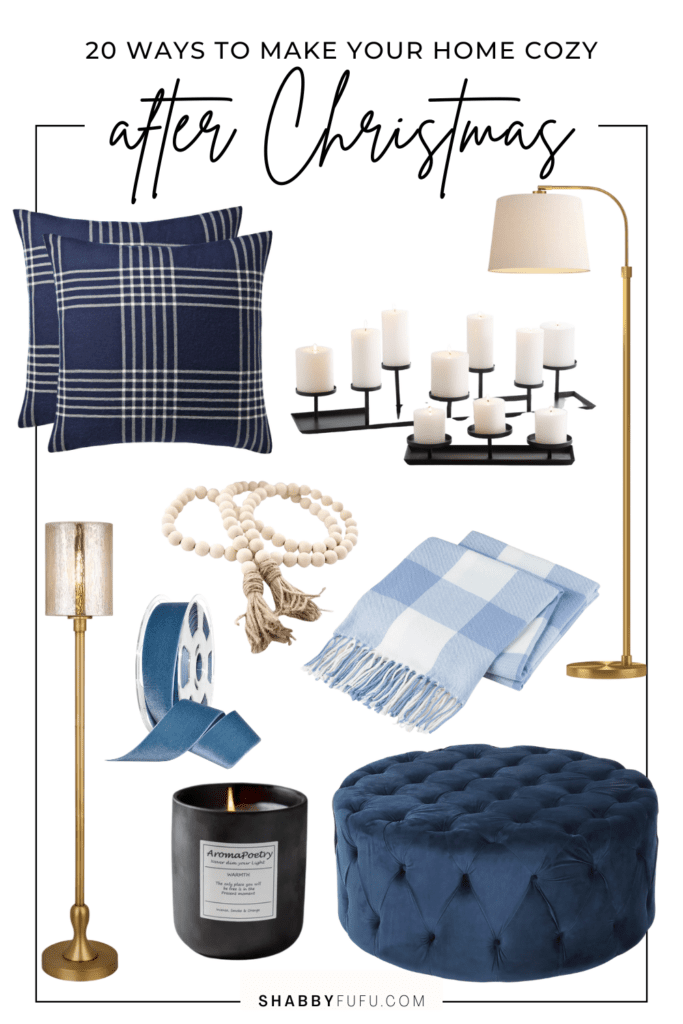 collage image featuring home decor products to make your home cozy after Christmas