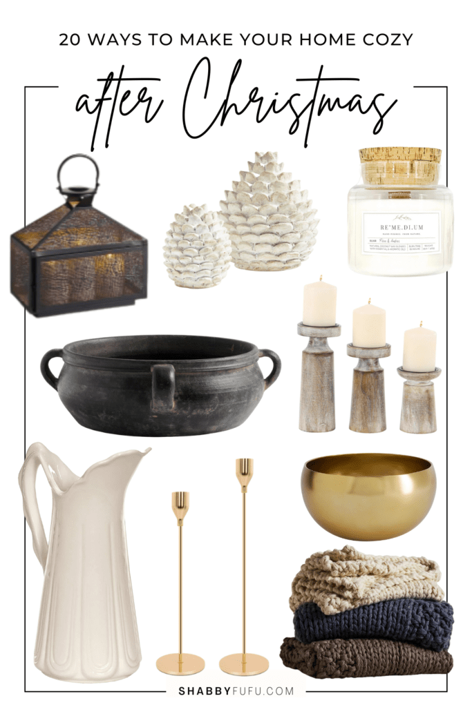 collage image featuring home decor products to make your home cozy after Christmas