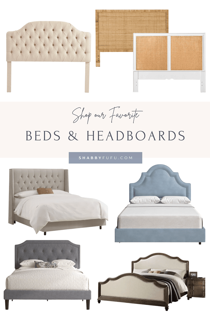 collage graphic featuring bed and bed heardboards
