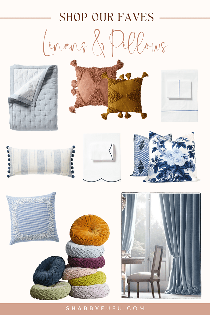 collage graphic featuring linens and pillows