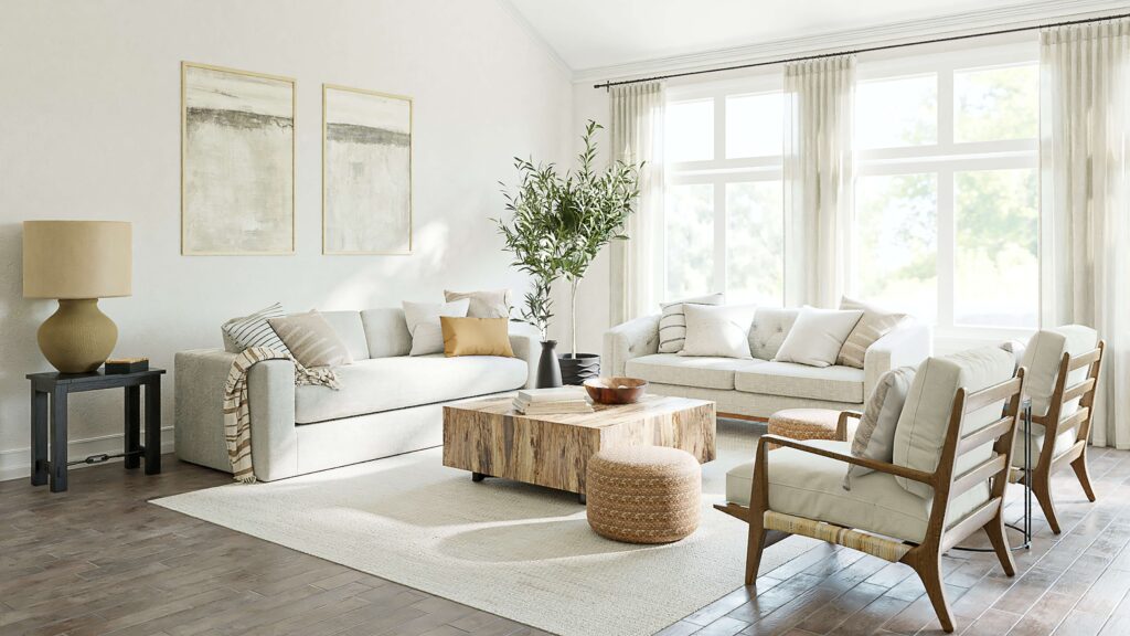 living room featuring sofas and chairs in neutral shades along withsheer curtains in a sunny room, inspo for preparing your home for spring