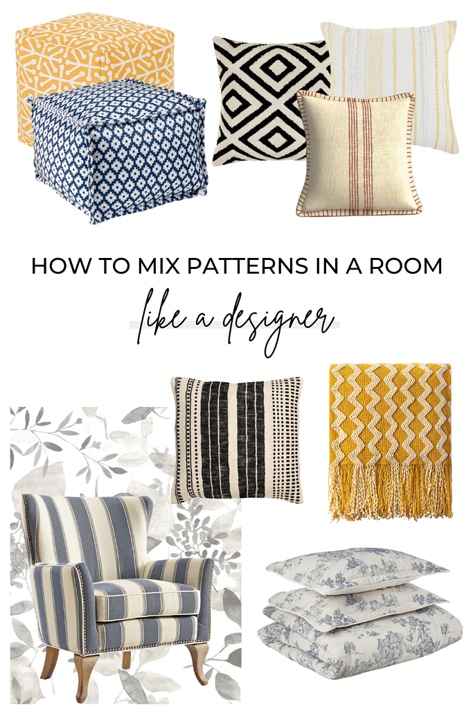 Product collage that reads "How To Mix Patterns In A Room Like A Designer"