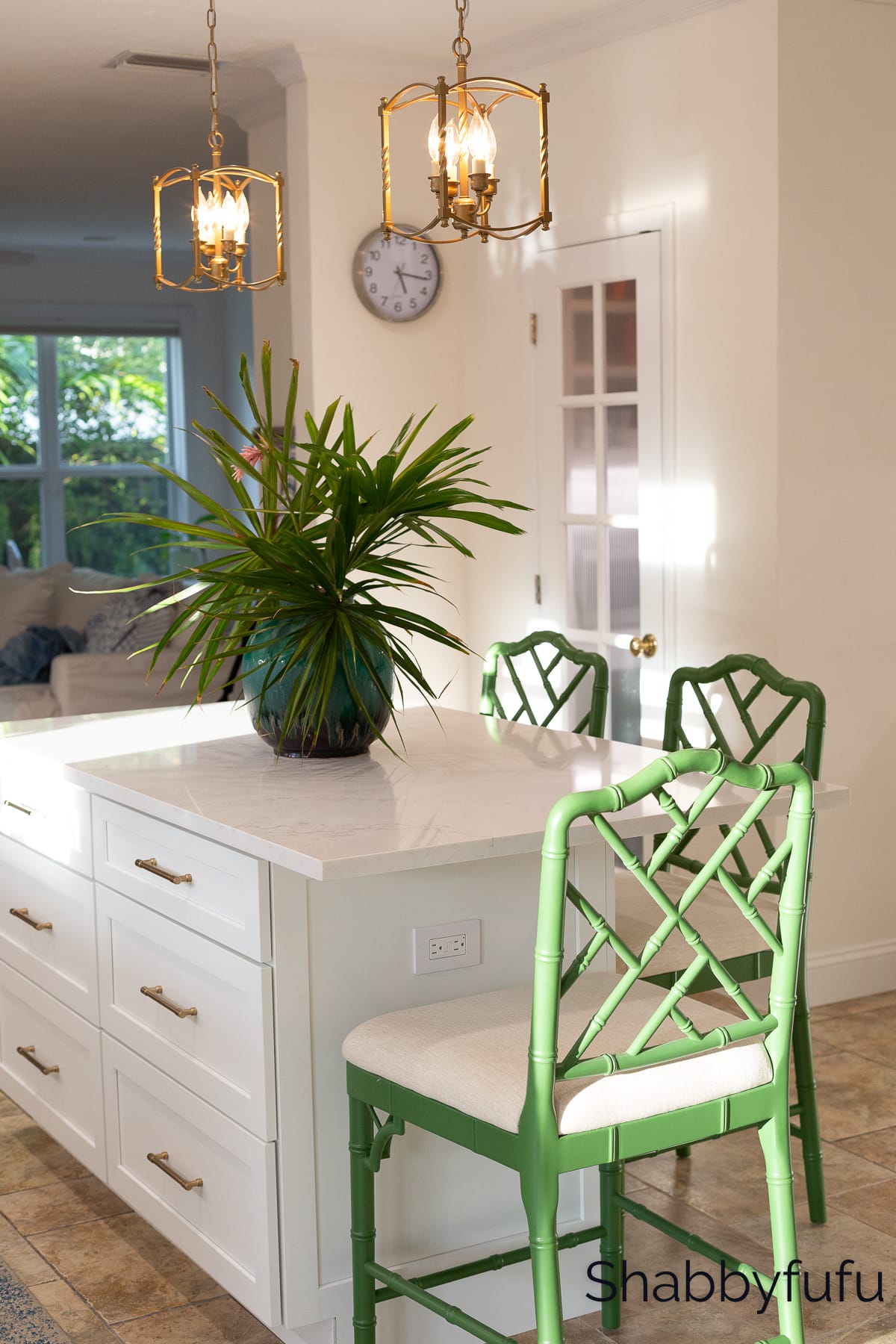 kitchen with green bar stools