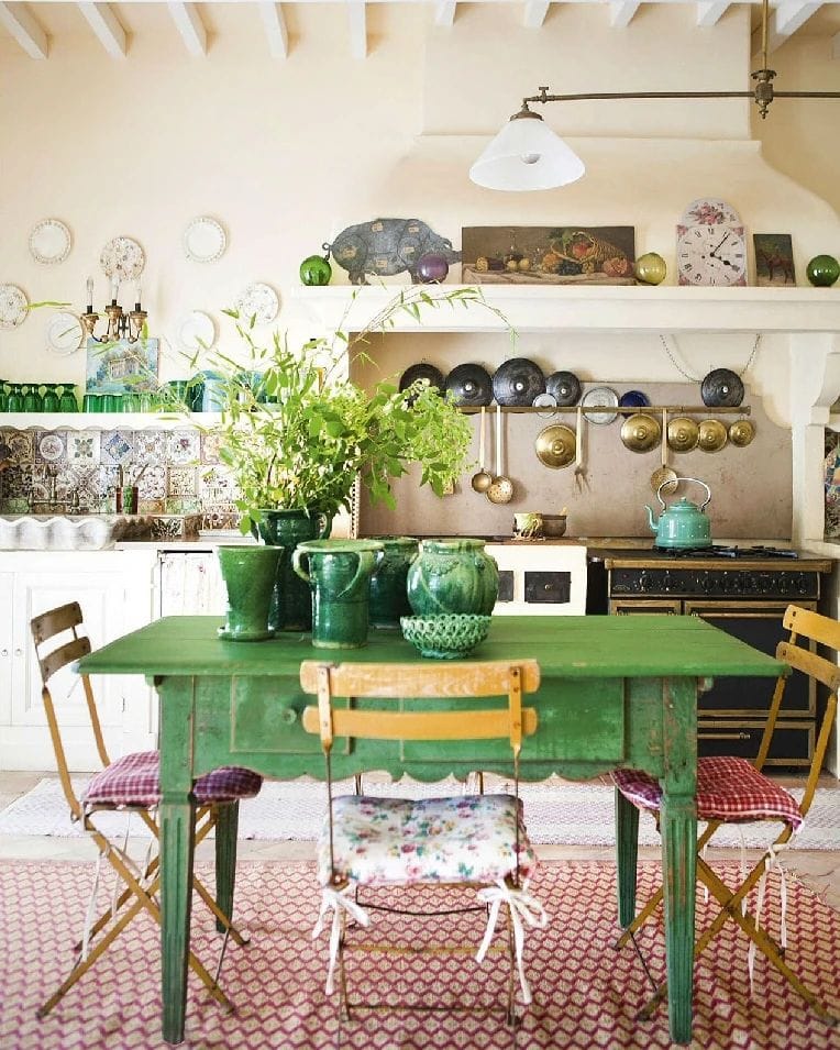 farmhouse style open concept kitchen with upcycled green table. A great inspiration idea to redecorating your home for free