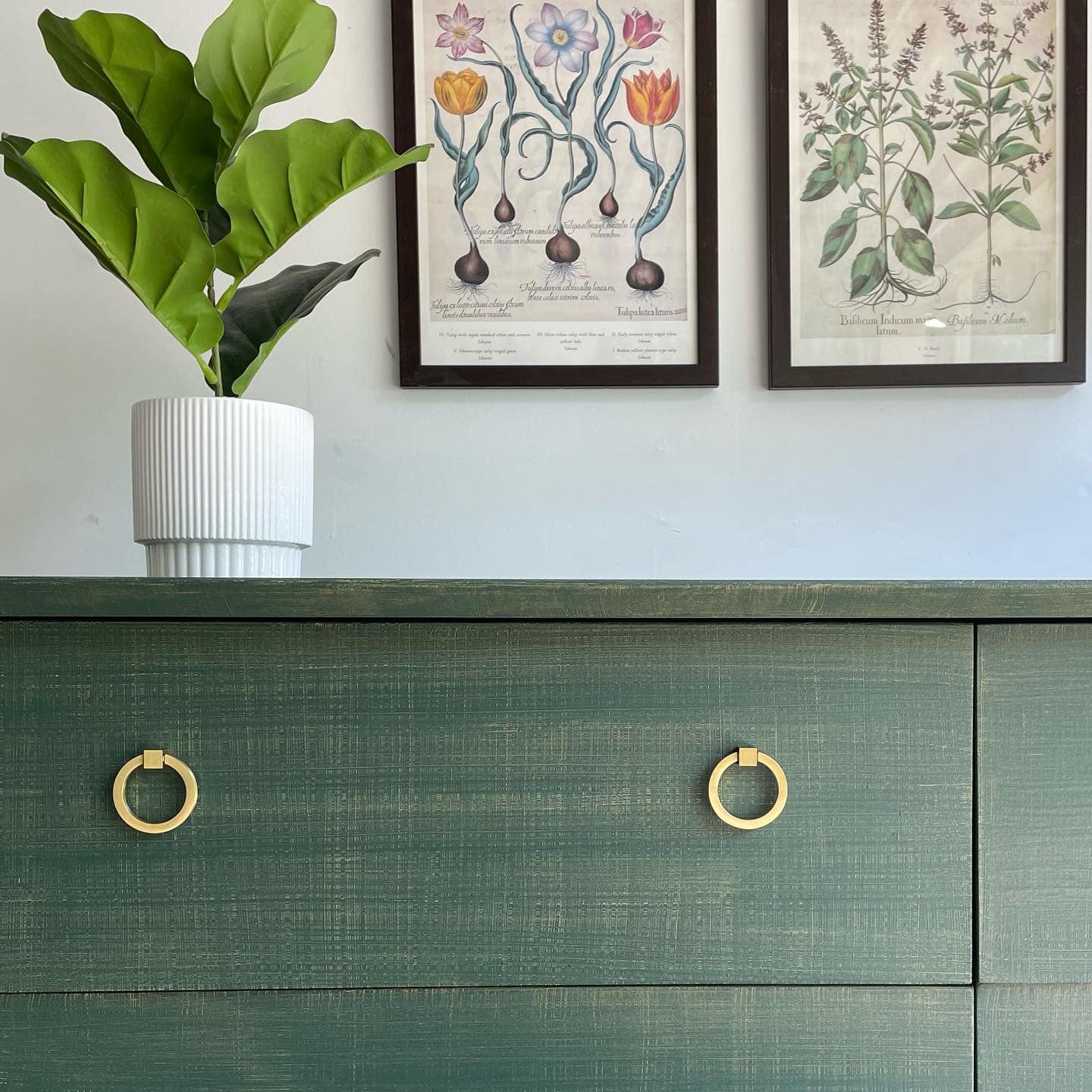 close up of entryway featuring a dark green console table and framed botanical illustrations which are a great idea when redecorating your home for free