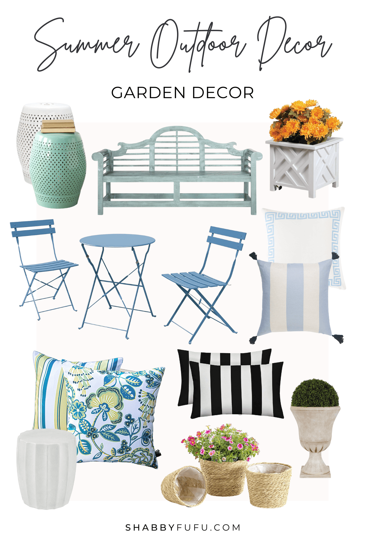 collage image of summer outdoor decor products