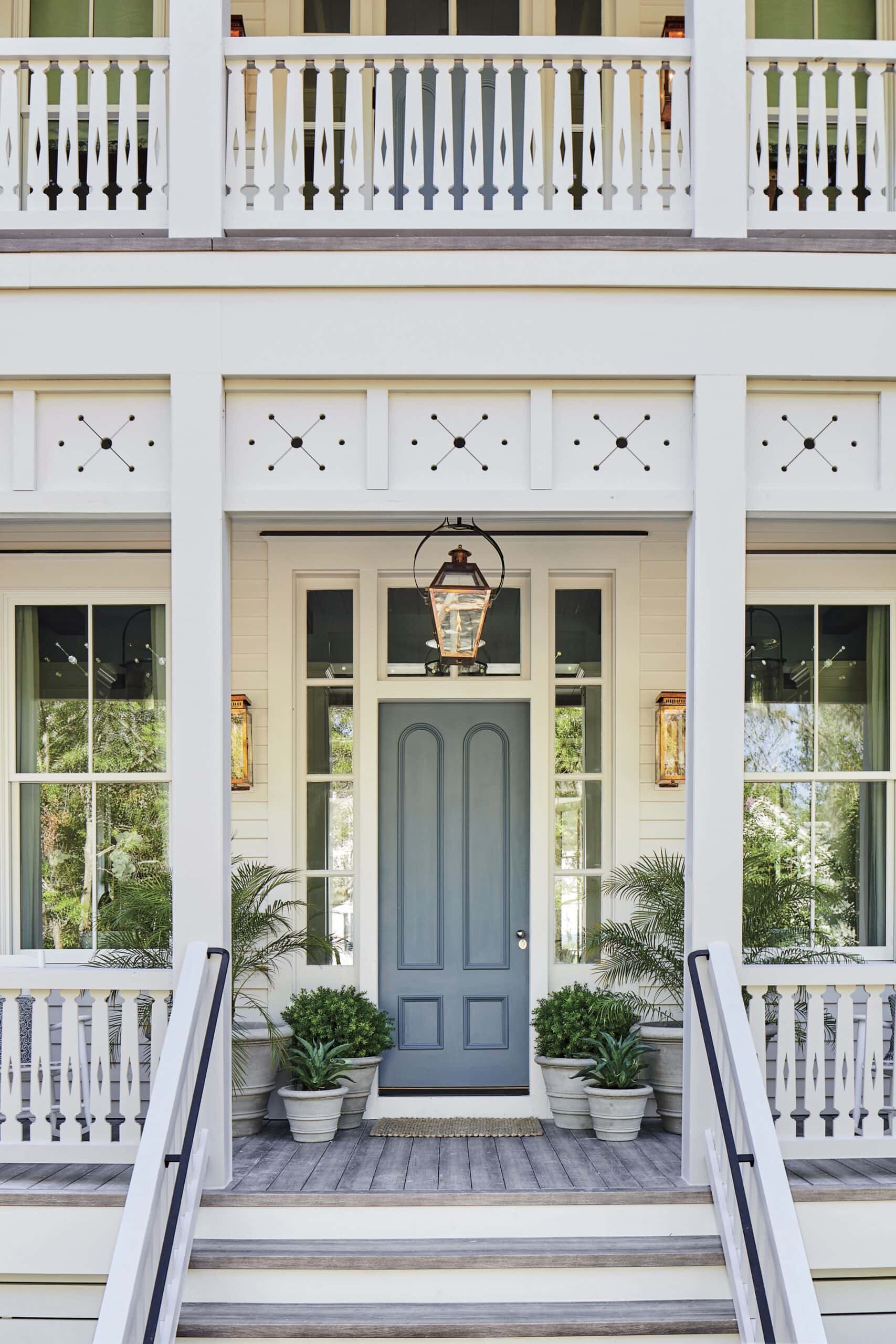 Beach style single front door with a gray blueish front door home tour