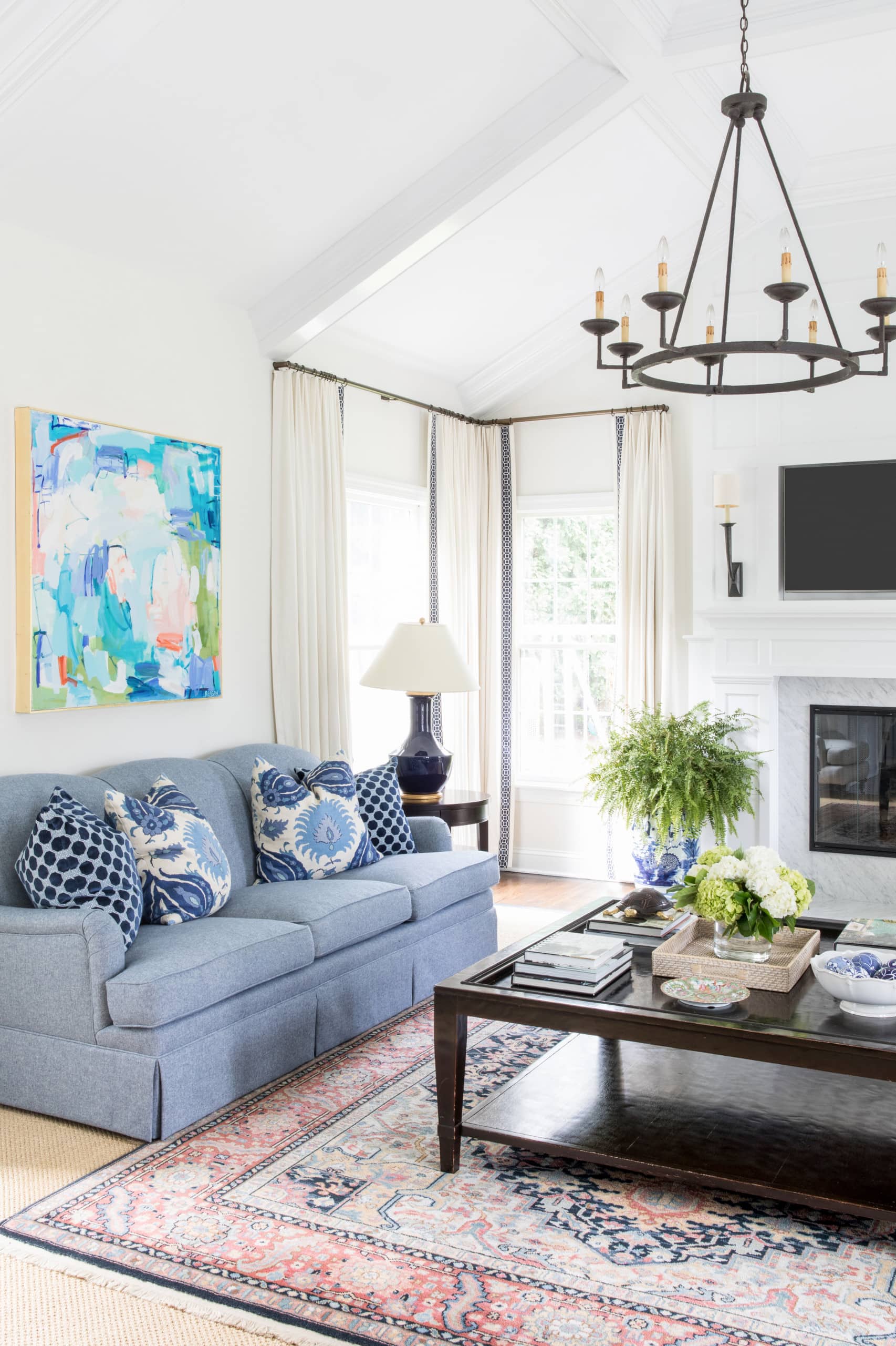 home tour family room idea featuring colorful elegance style with blue and green colors,