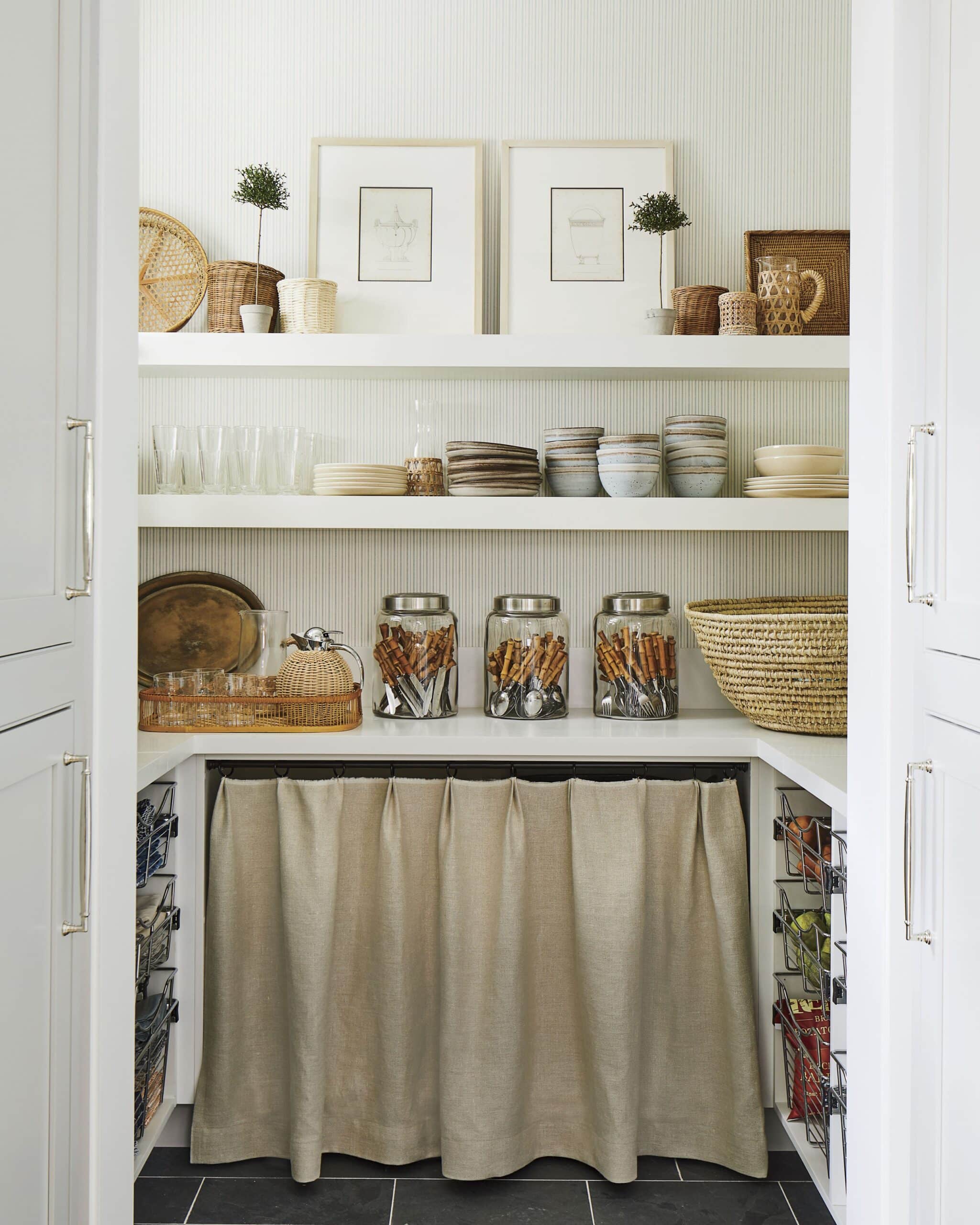 home tour idea of neutral coastal styled walk-in pantry