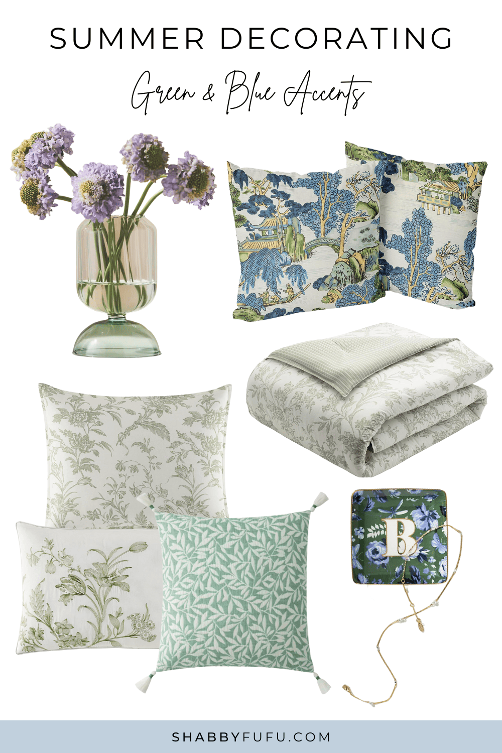 collage image of green and blue products for summer decorating