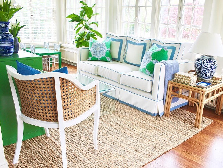 palm beach decor style idea featuring white couch with green and blue accents