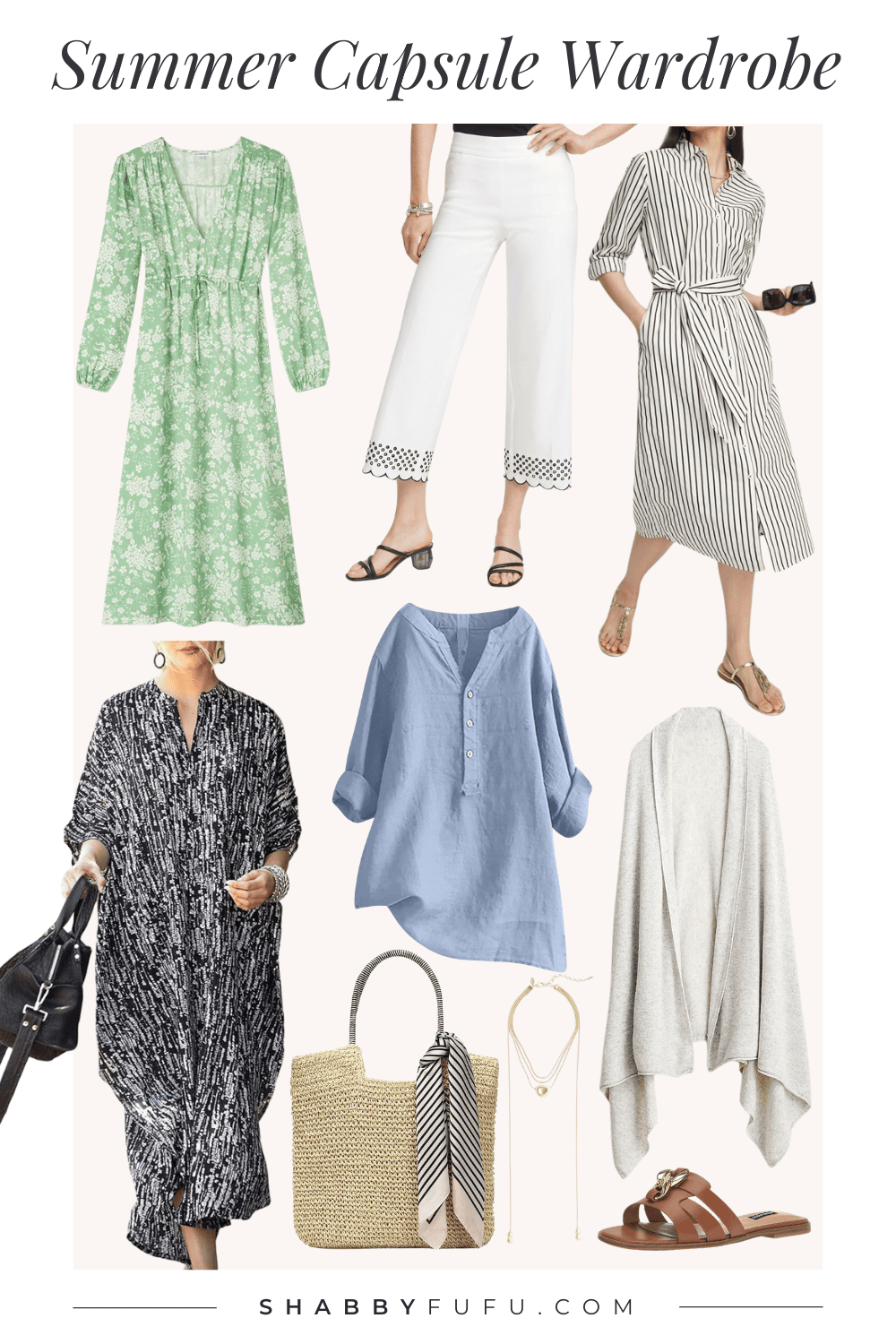 Collage featuring Summer capsule wardrobe essentials for classy and casual outfits