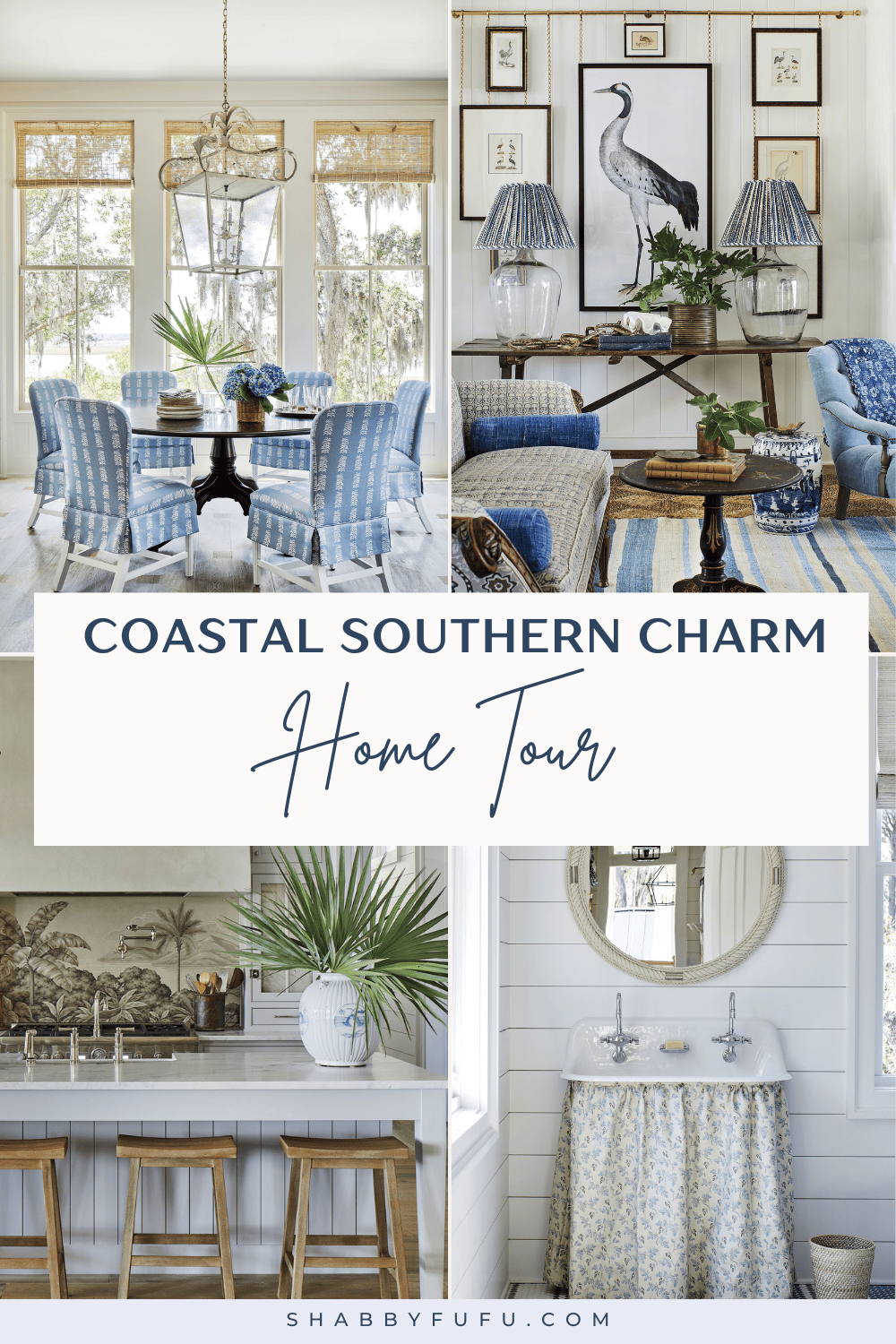 Pinterest image featuring a collage of photos of a coastal home with the text "coastal southern charm - home tour" 