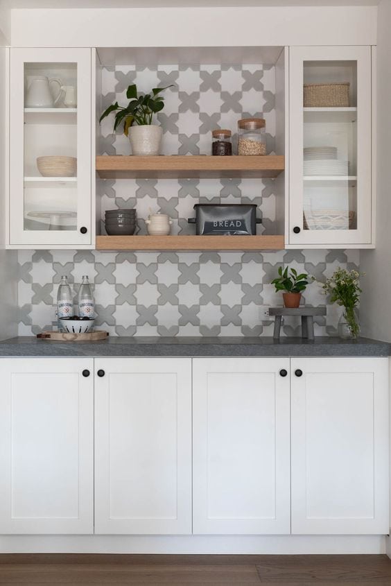 kitchen featuring star and cross tile backsplash kitchen