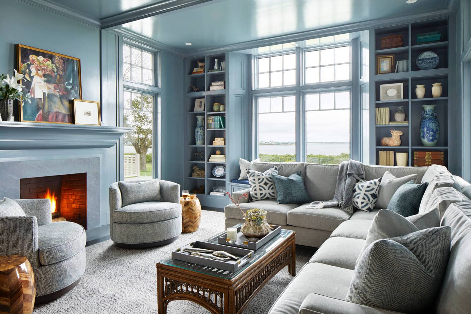 blue family room featuring egg blue walls