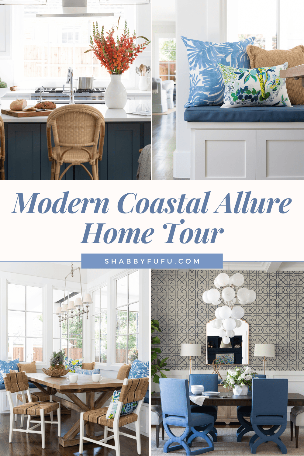 Pinterest graphic featuring pictures of home with the title ""Modern Coastal Allure Home Tour" 