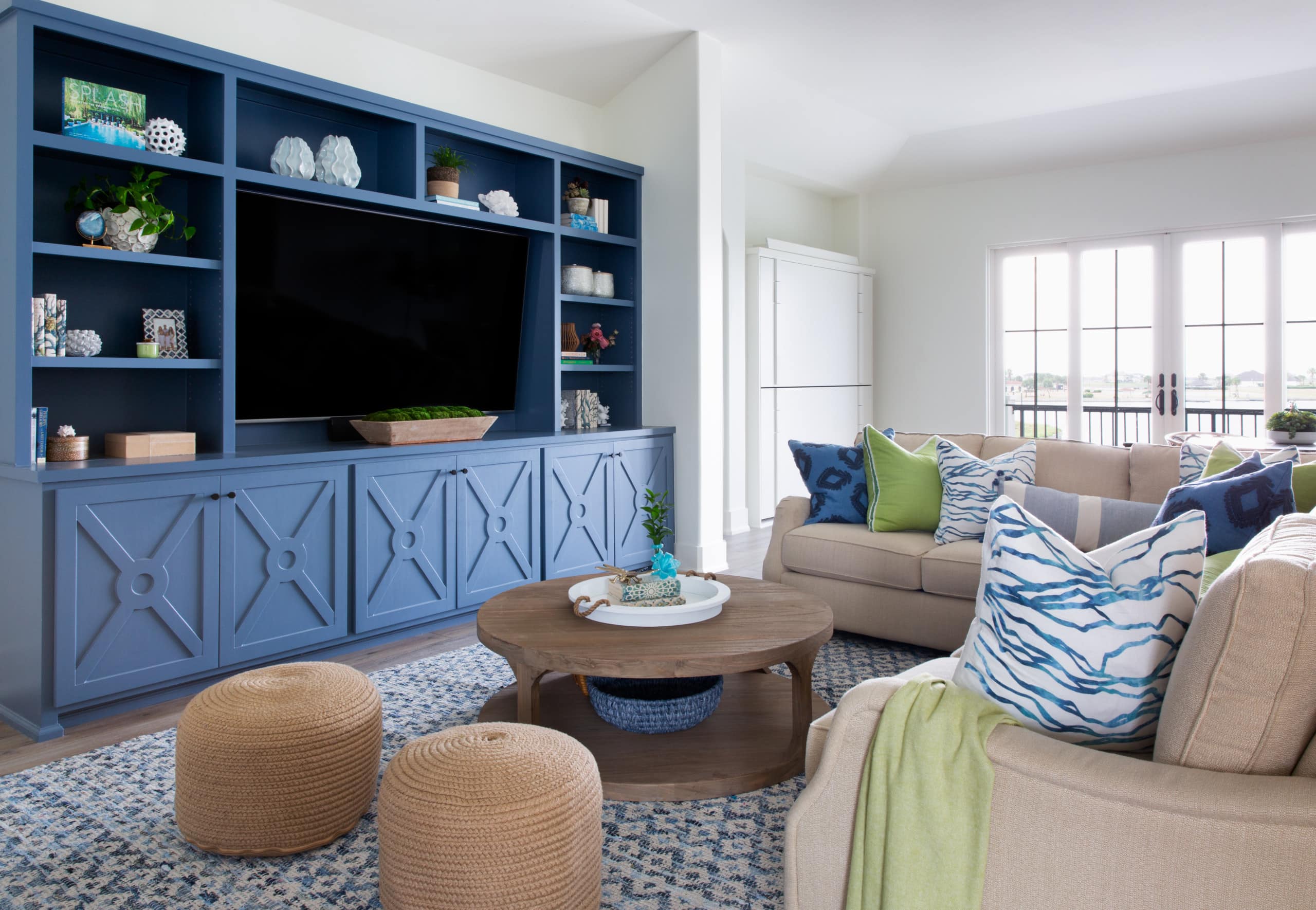 family room in beach house with coastal style