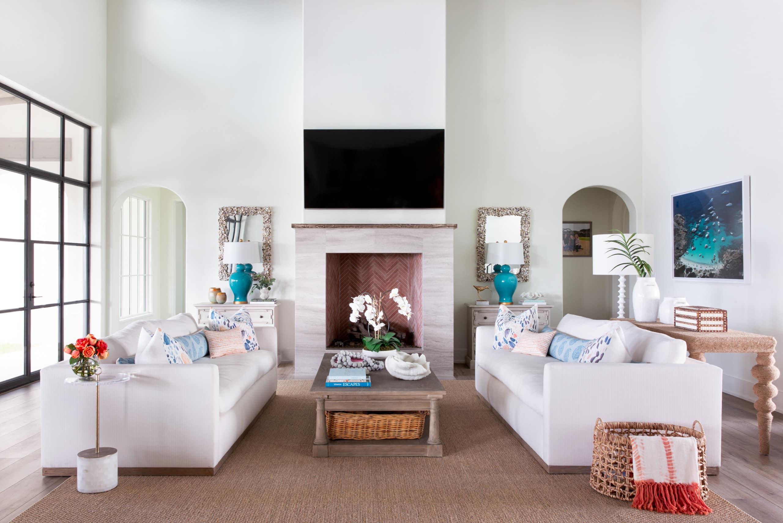 beach house living room in white and turquoise color