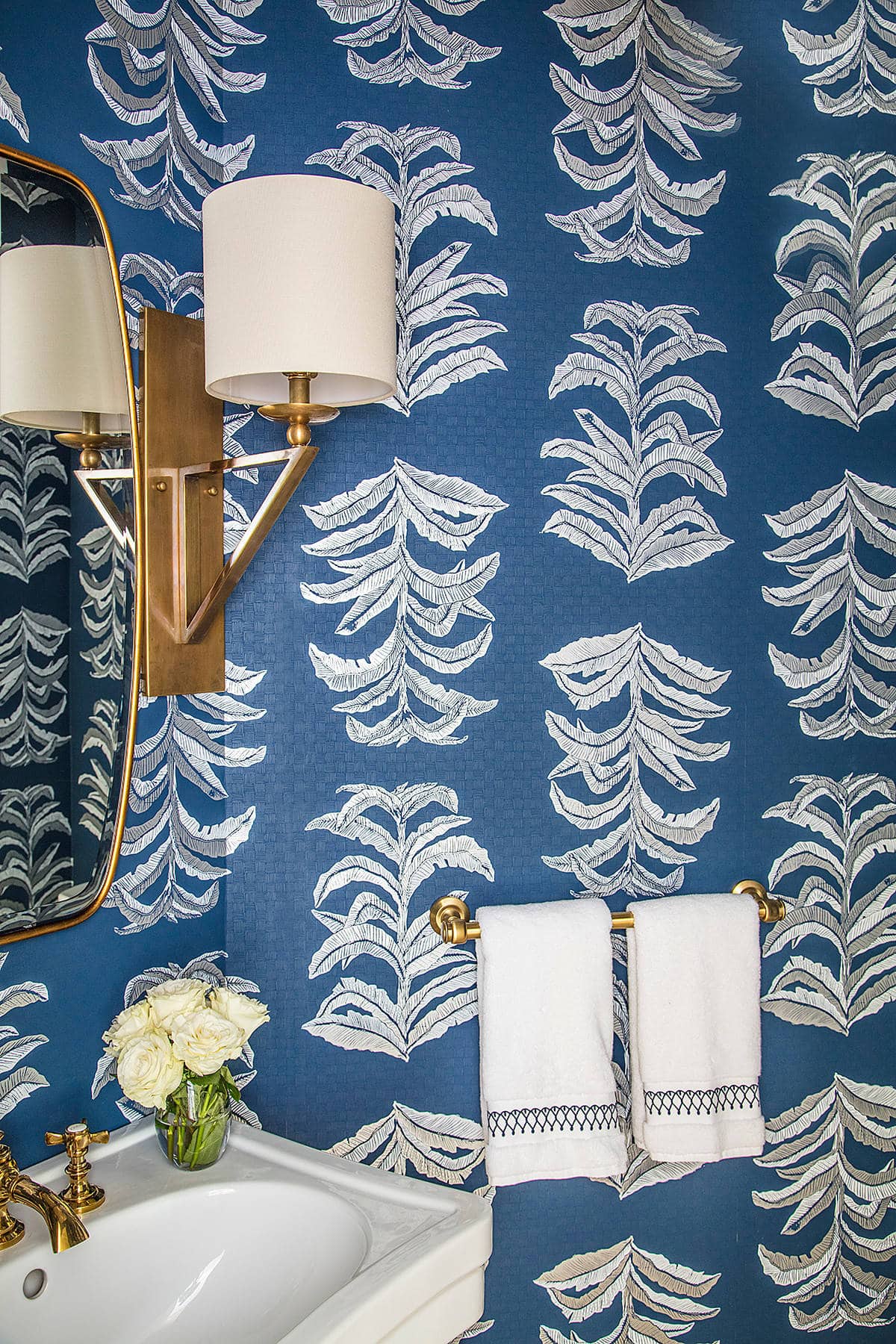 Home Tour: Blue and white wallpaper in powder room