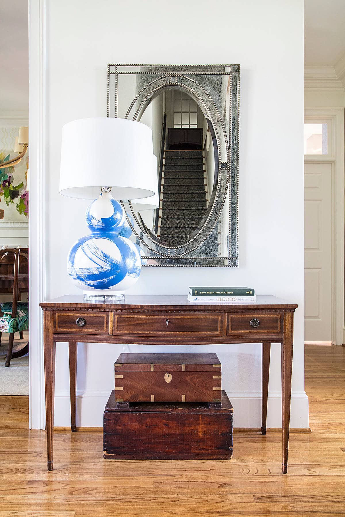 Home tour: Entryway console table and mirror with white and blue table lamp