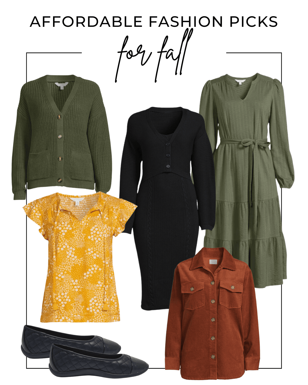 Collage image featuring green long dress, black midi dress, green cardigan, yellow top, rust colored jacket with a title that says "Affordable Fashion Picks For Fall"