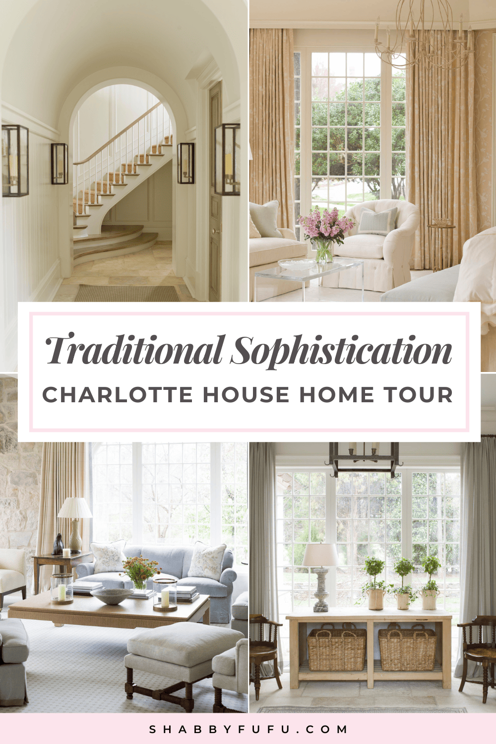 Pinterest traditional home tour graphic featuring a collage of images from Charlotte House via Houzz