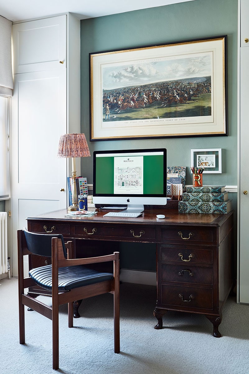 Traditional home office workspace idea featuring a small traditional desk and lamp shade
