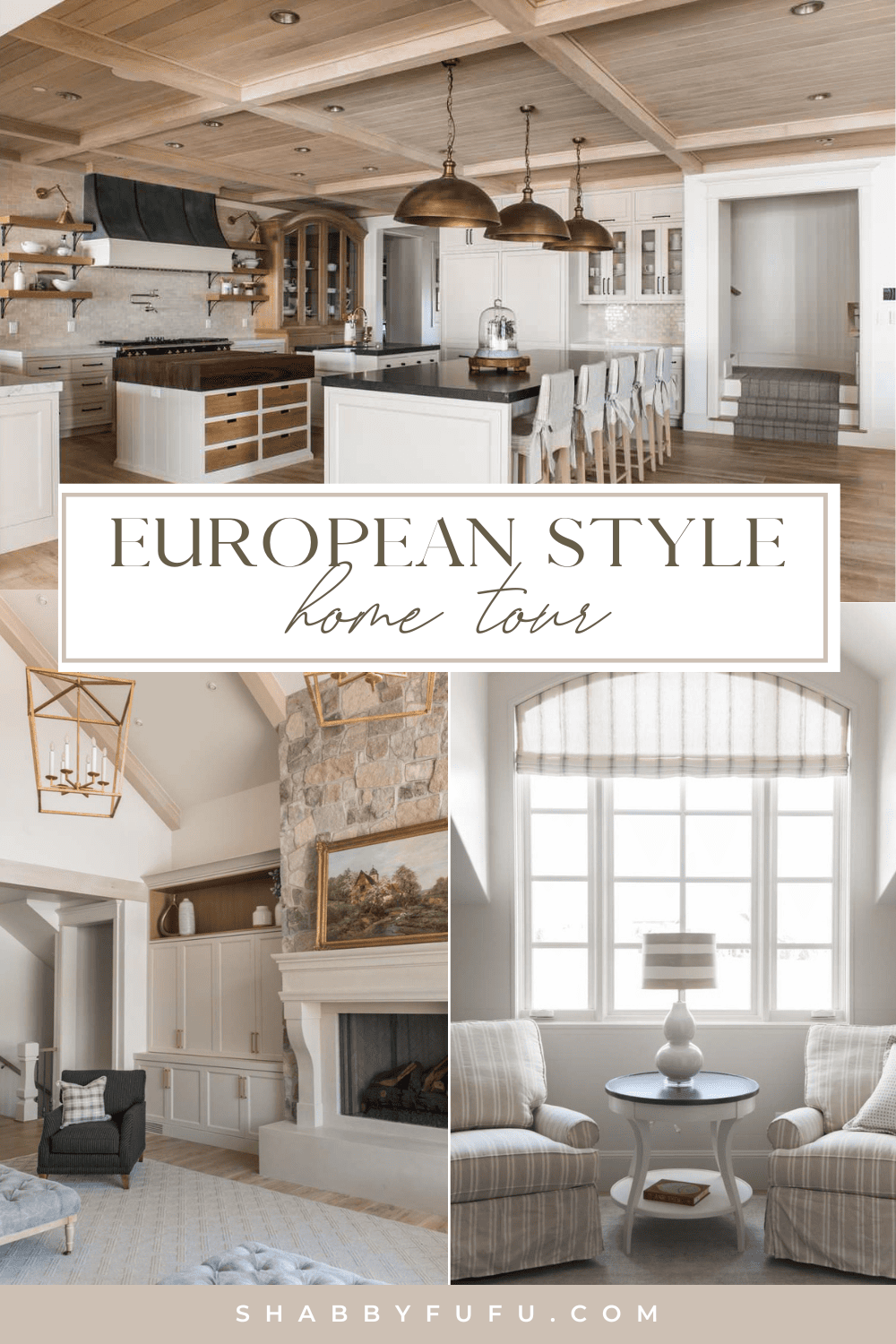 Decorative collage graphic for Pinterest featuring european style home 