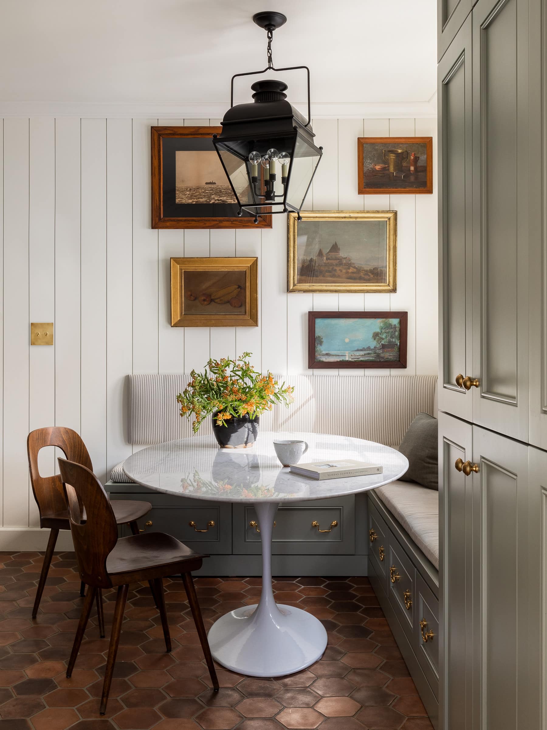 home tour featuring kitchen breakfast nook in vintage cottage style