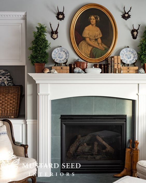 Mixing vintage and antiques in modern spaces idea featuring a mantle