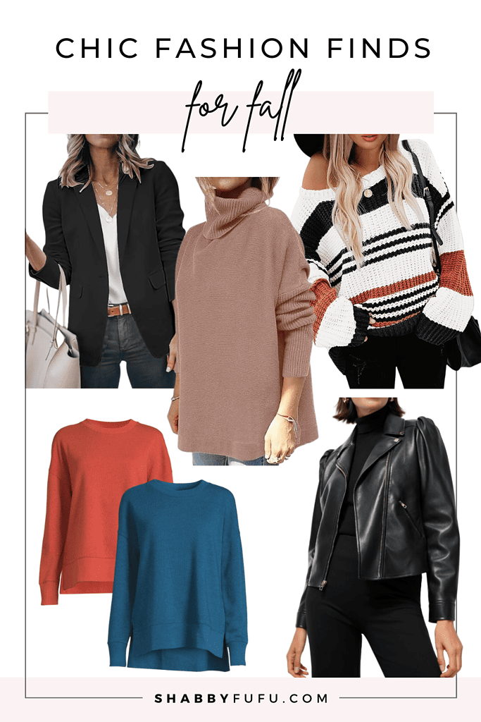 Pinterest collage featuring fashion finds for fall like sweaters, boots and leather jackets.