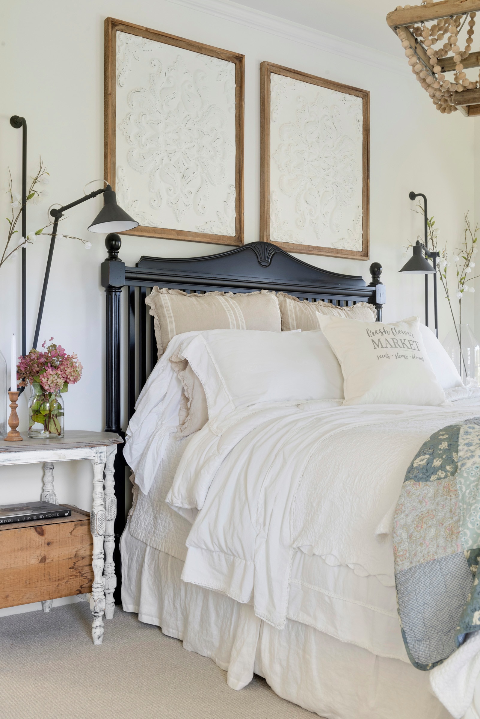 bedroom in farmhouse style featuring a vintage bedframe featured in home tour
