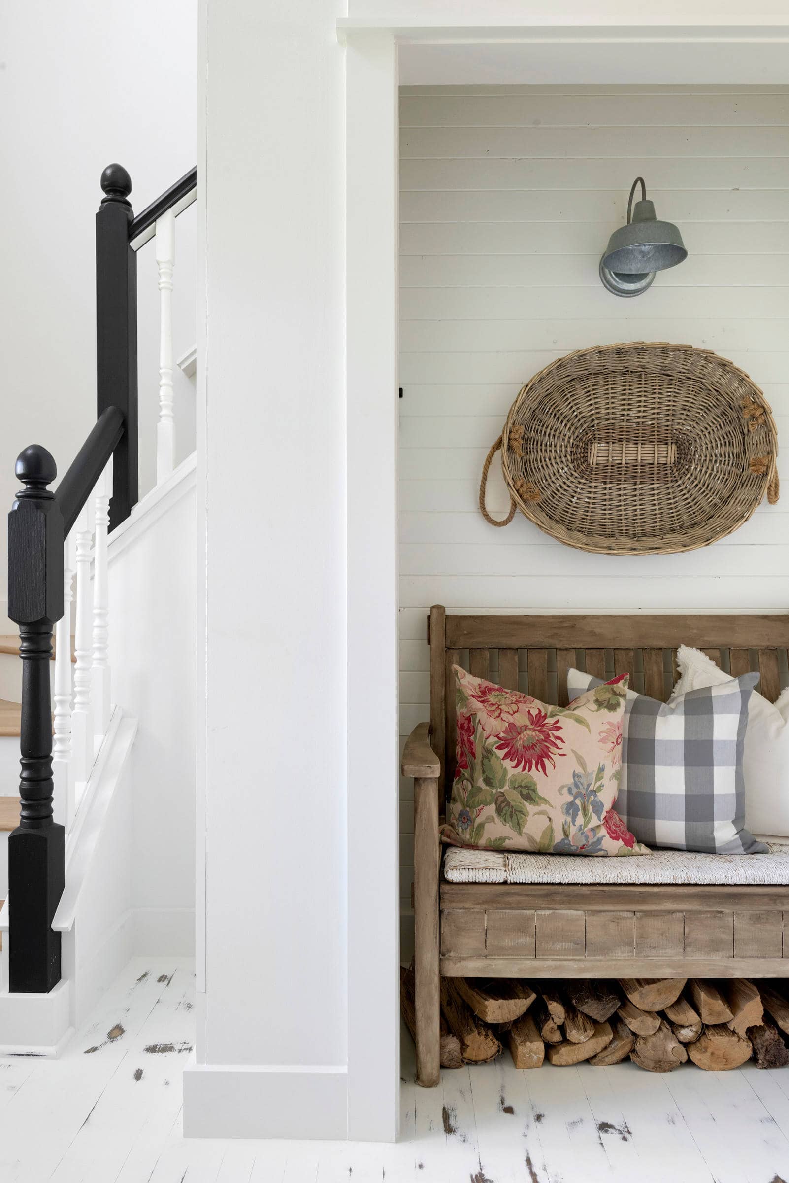 entryway in farmhouse style featuring a vintage wicker daybed featured in home tour