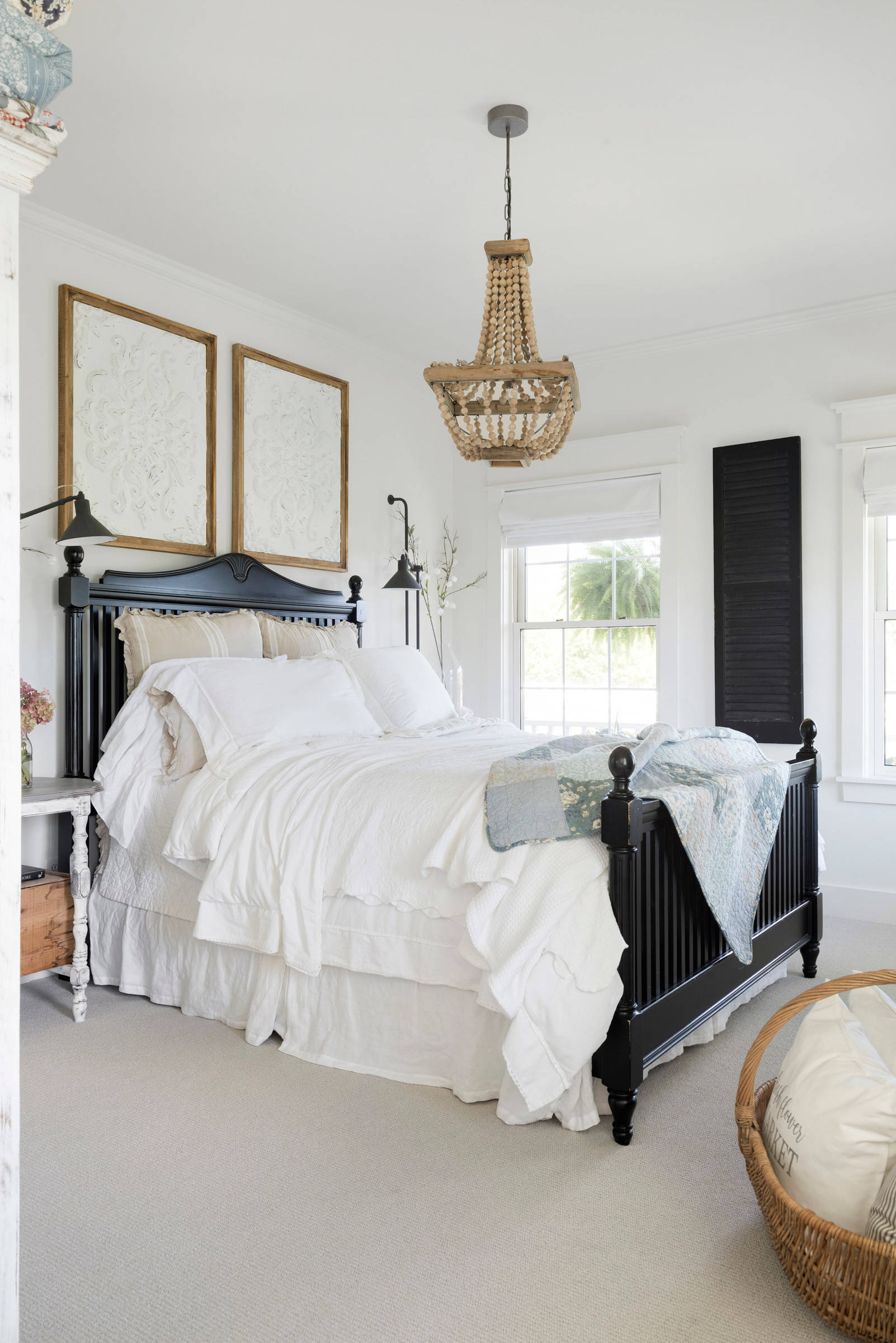 bedroom in farmhouse style featuring a vintage bedframe featured in home tour