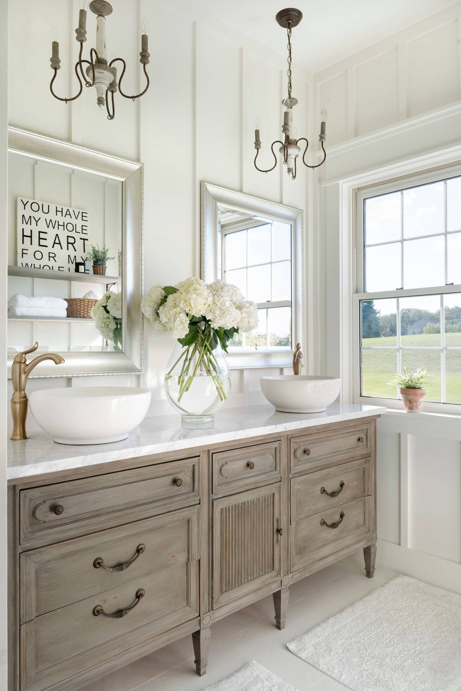 bedroom in a traditional farmhouse style featuring a vintage sink featured in home tour
