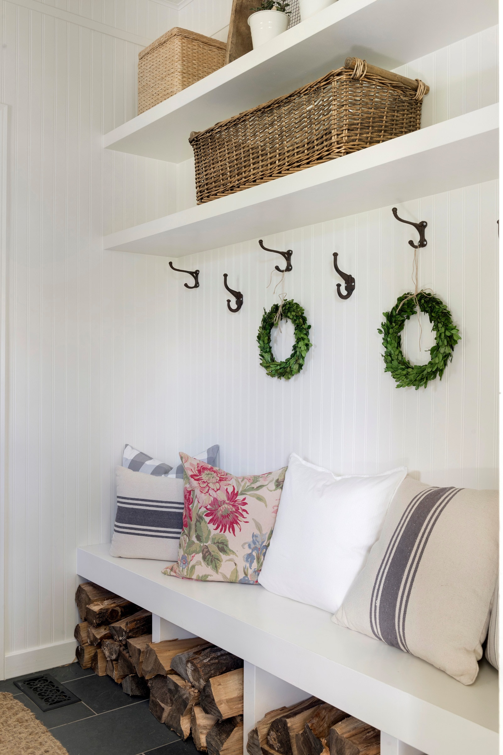 mudroom in farmhouse style featured in home tour