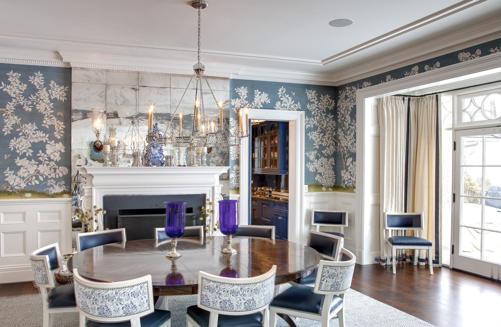 Traditional shingle style home tour featuring dining room with white and blue wallpaper