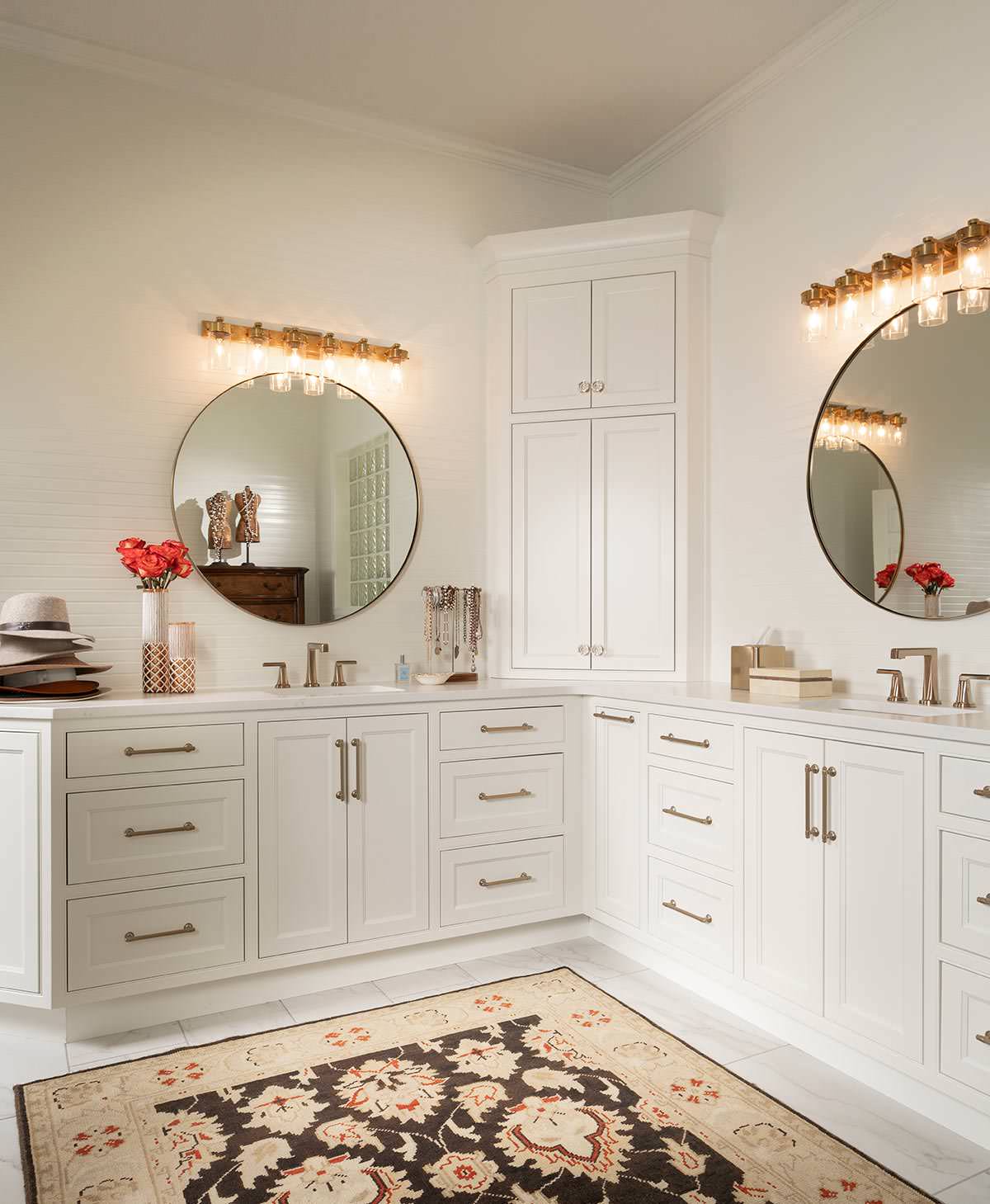 bathroom from home tour featured in a english cottage styled home, with a corner double white vanity