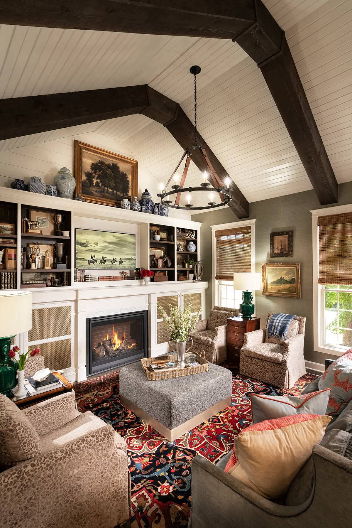 living room from home tour featured in a english cottage styled home, showcasing ceiling with beams