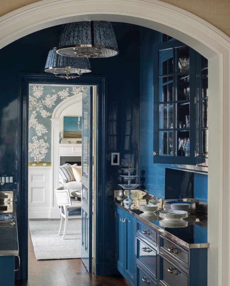 Traditional shingle style home tour featuring a service pantry featuring lacquered blue walls