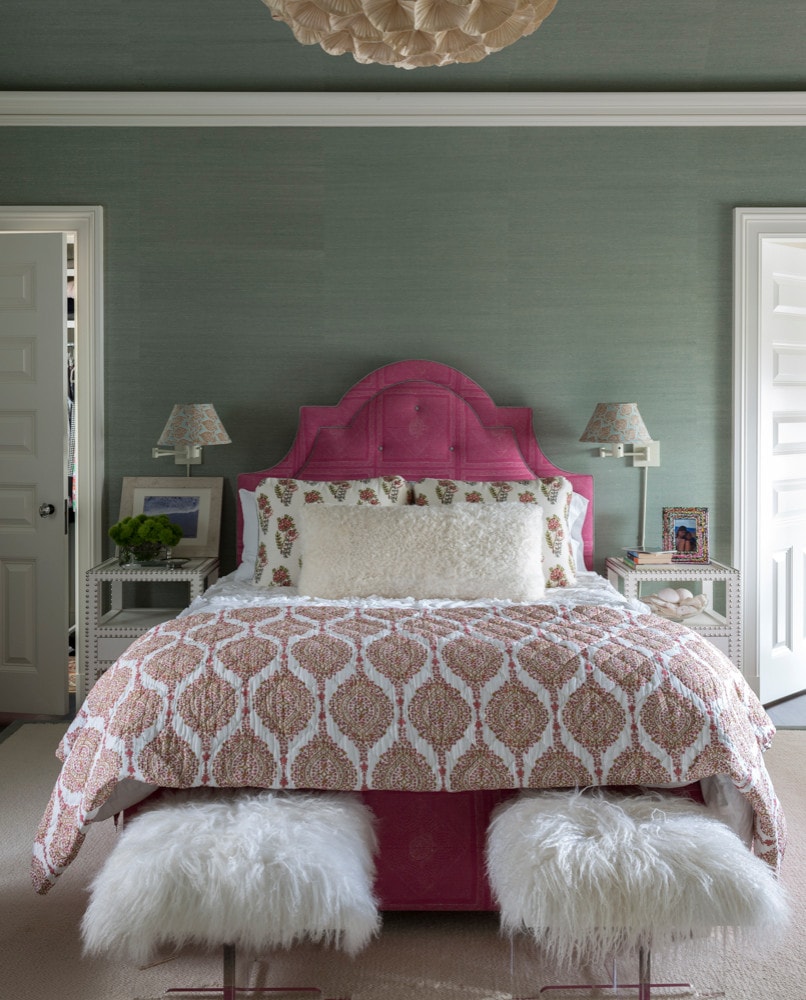 Breathtaking home tourfeaturing a kid's bedroom with gray-blue walls and pops of pink