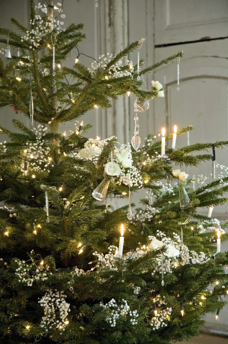 Traditional Christmas tree with candles and clear ornaments
