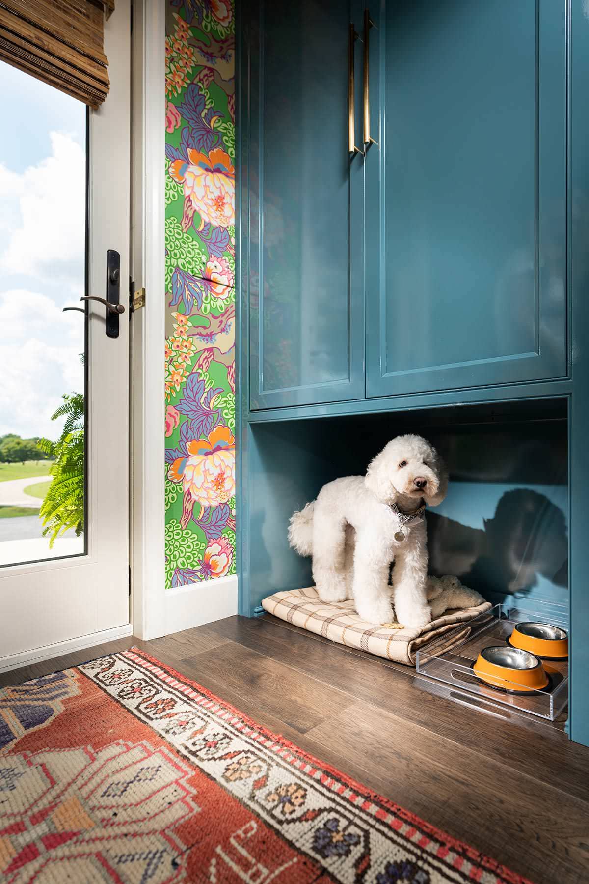 laundry room from home tour featured in a english cottage styled home, showcasing laundry room with a white dog