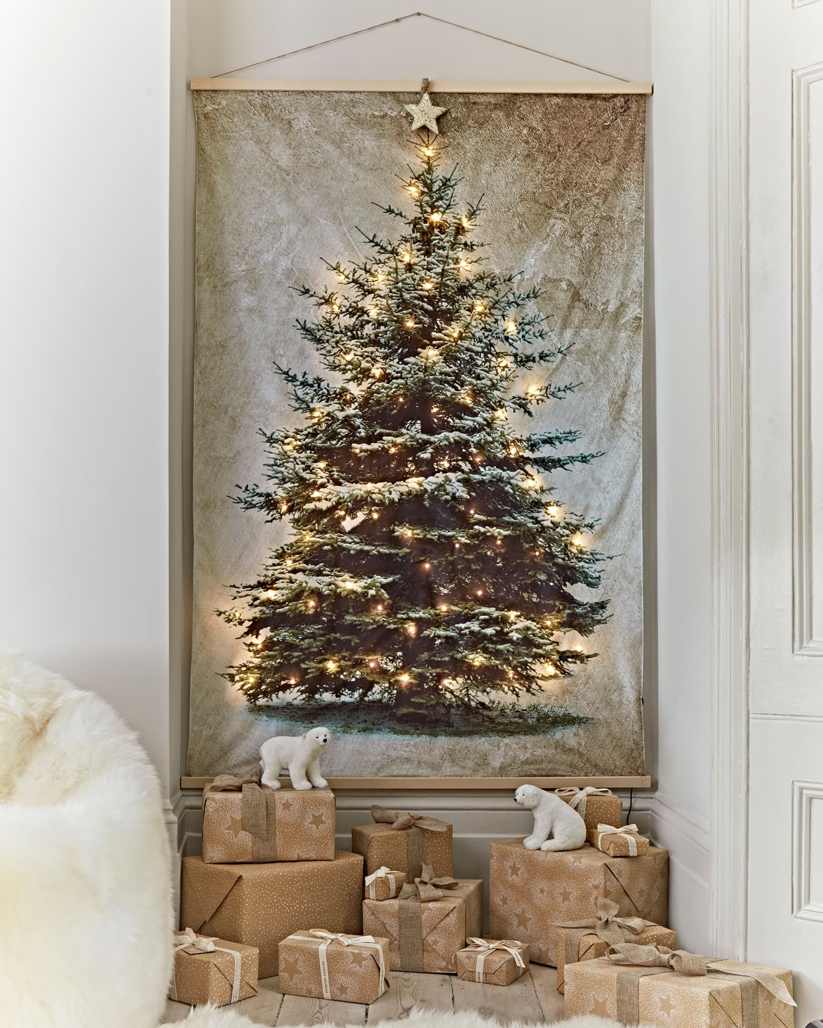Christmas tree idea featuring Lit Tree Wall Hanging alternative for small homes and apartments