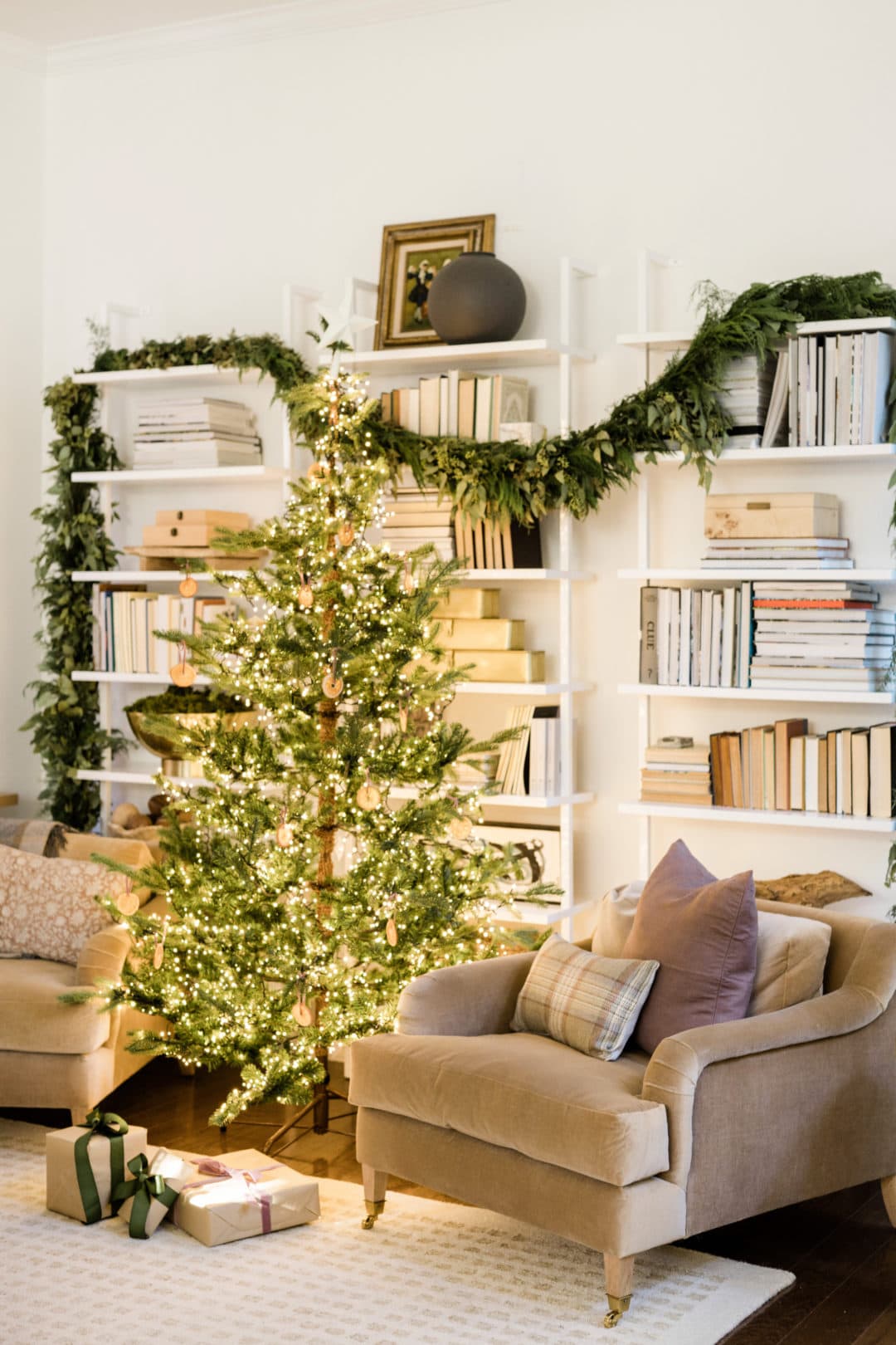 Elegant simple Christmas tree idea next to bookshelves