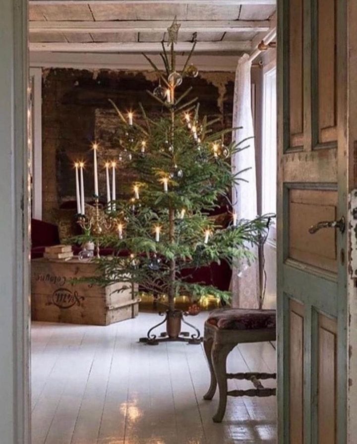 Old world style Christmas tree with candlesticks
