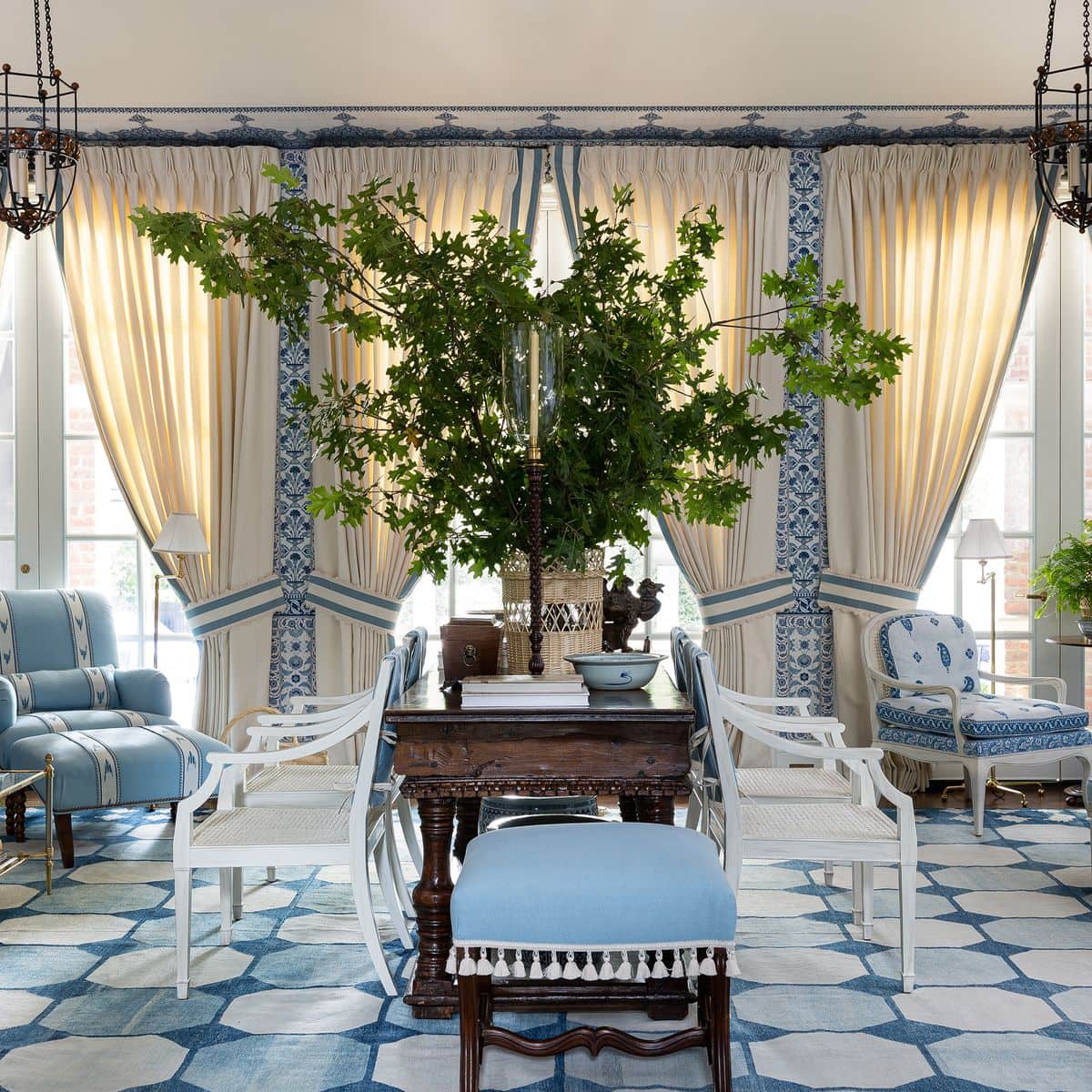 room with blue furniture and accessories