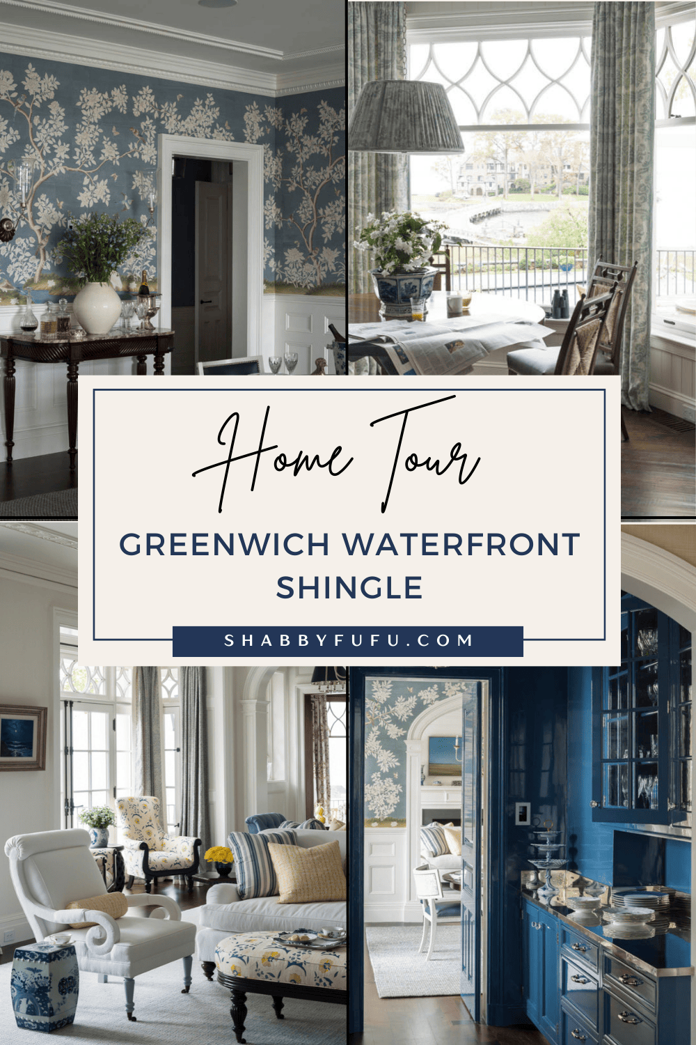 Pinterest decorative graphic featuring a collage of a home titled "Shingle-Inspired Home Tour Greenwich Waterfront"